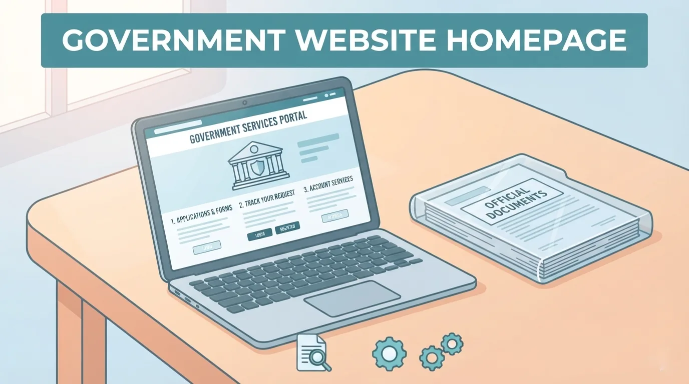 Ordinateur affichant un site officiel avec un dossier de documents à côté