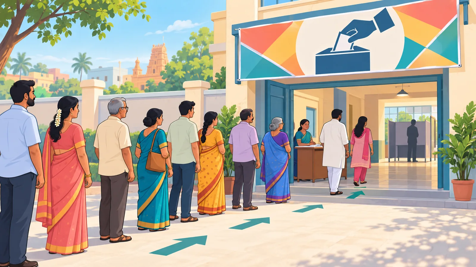 Entrée d’un bureau de vote en Inde ornée d’une bannière civique
