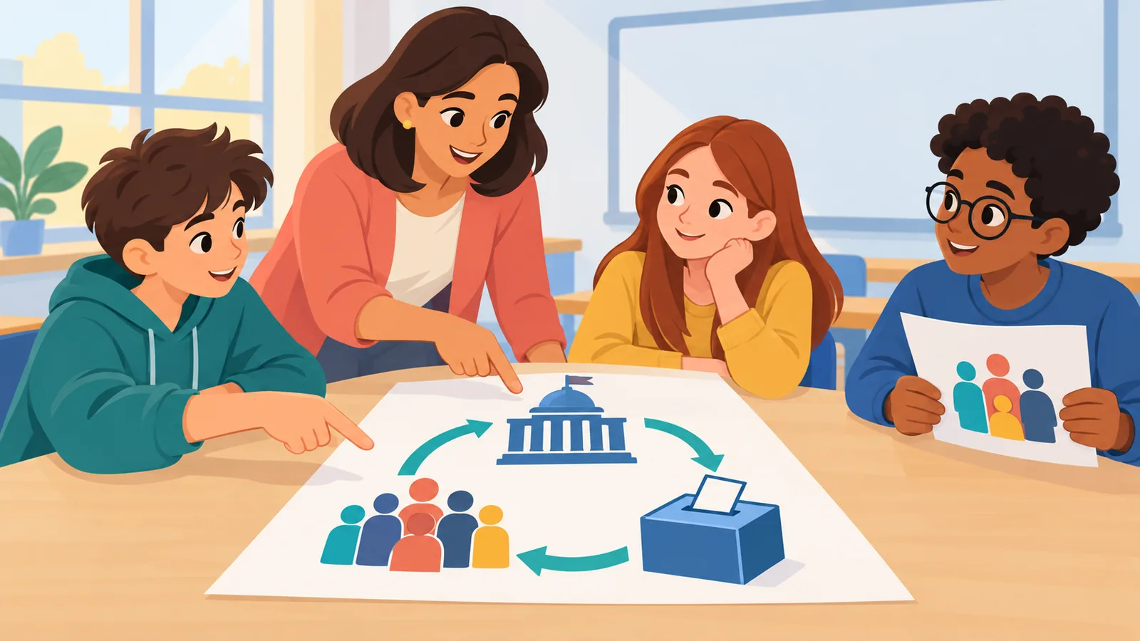 Élèves discutant d’un support d’éducation civique autour d’une table