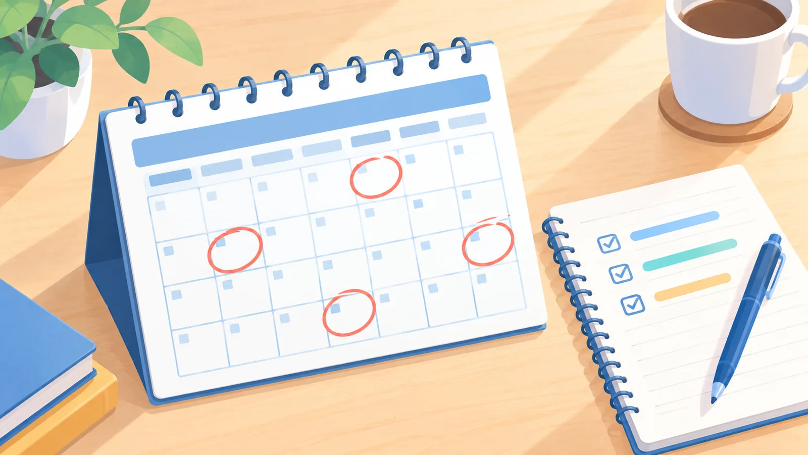 Calendrier avec des dates entourées et un carnet de notes
