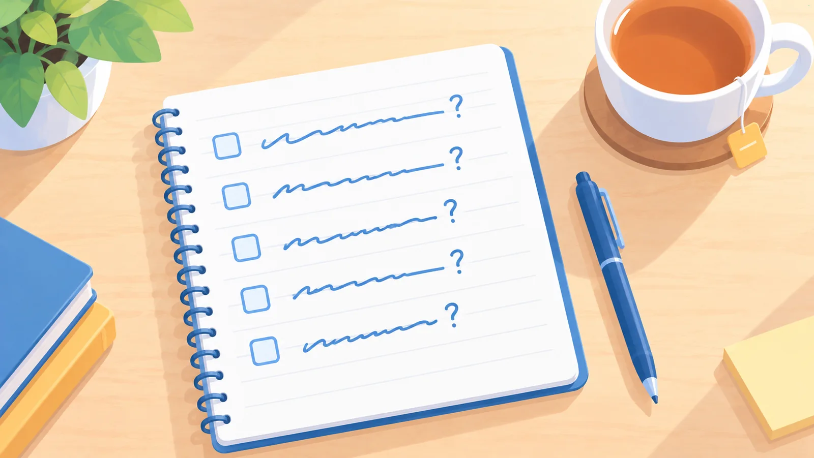 Bureau avec un carnet de questions et une tasse de thé