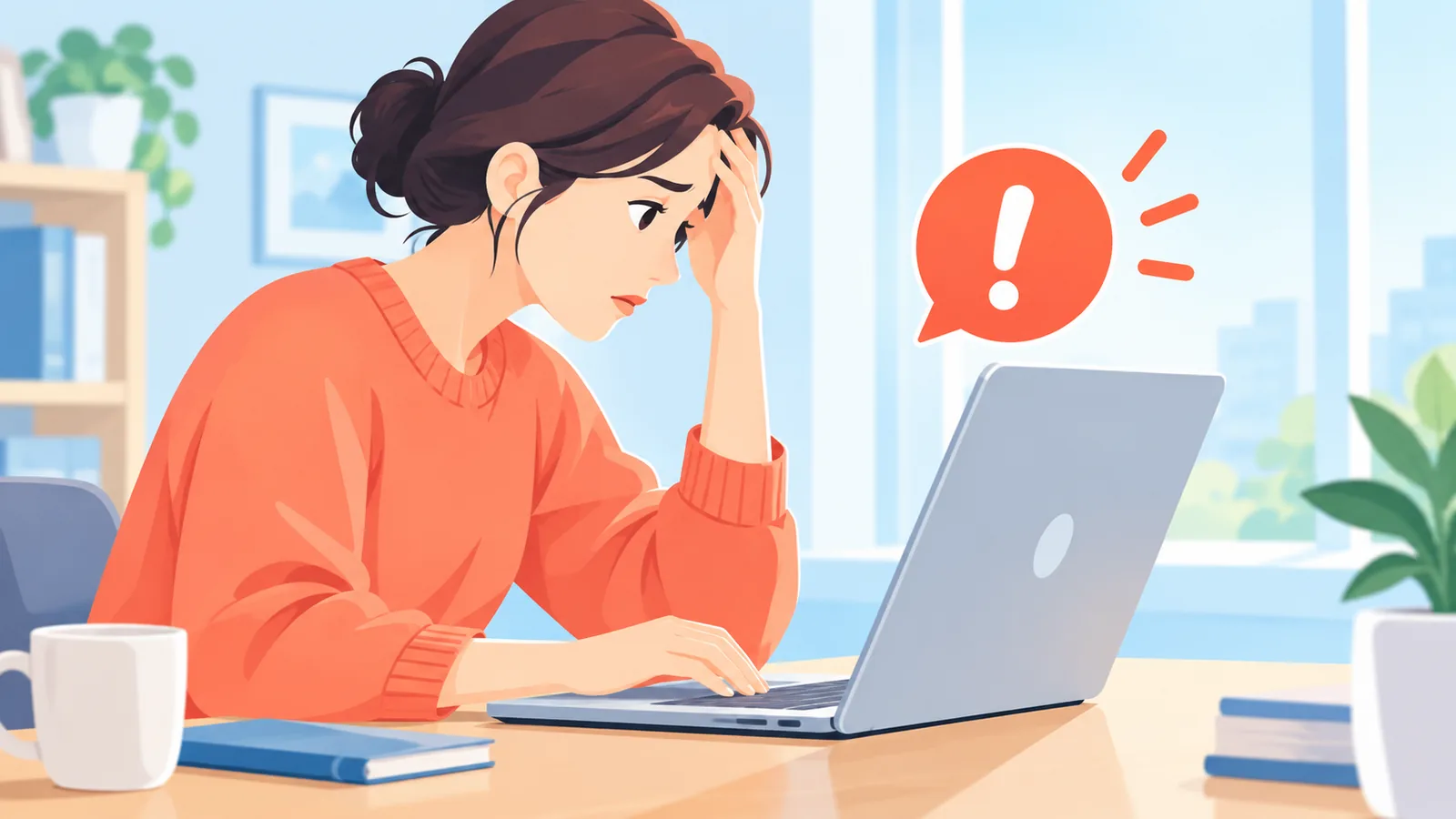 Femme assise devant son ordinateur portable avec les épaules légèrement voûtées