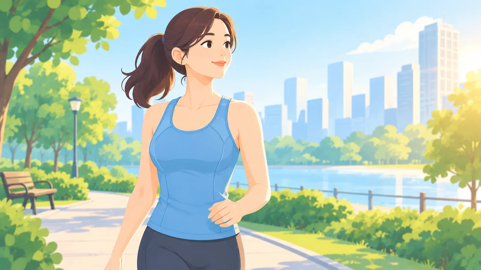 Femme marchant dans un parc avec une posture droite et détendue