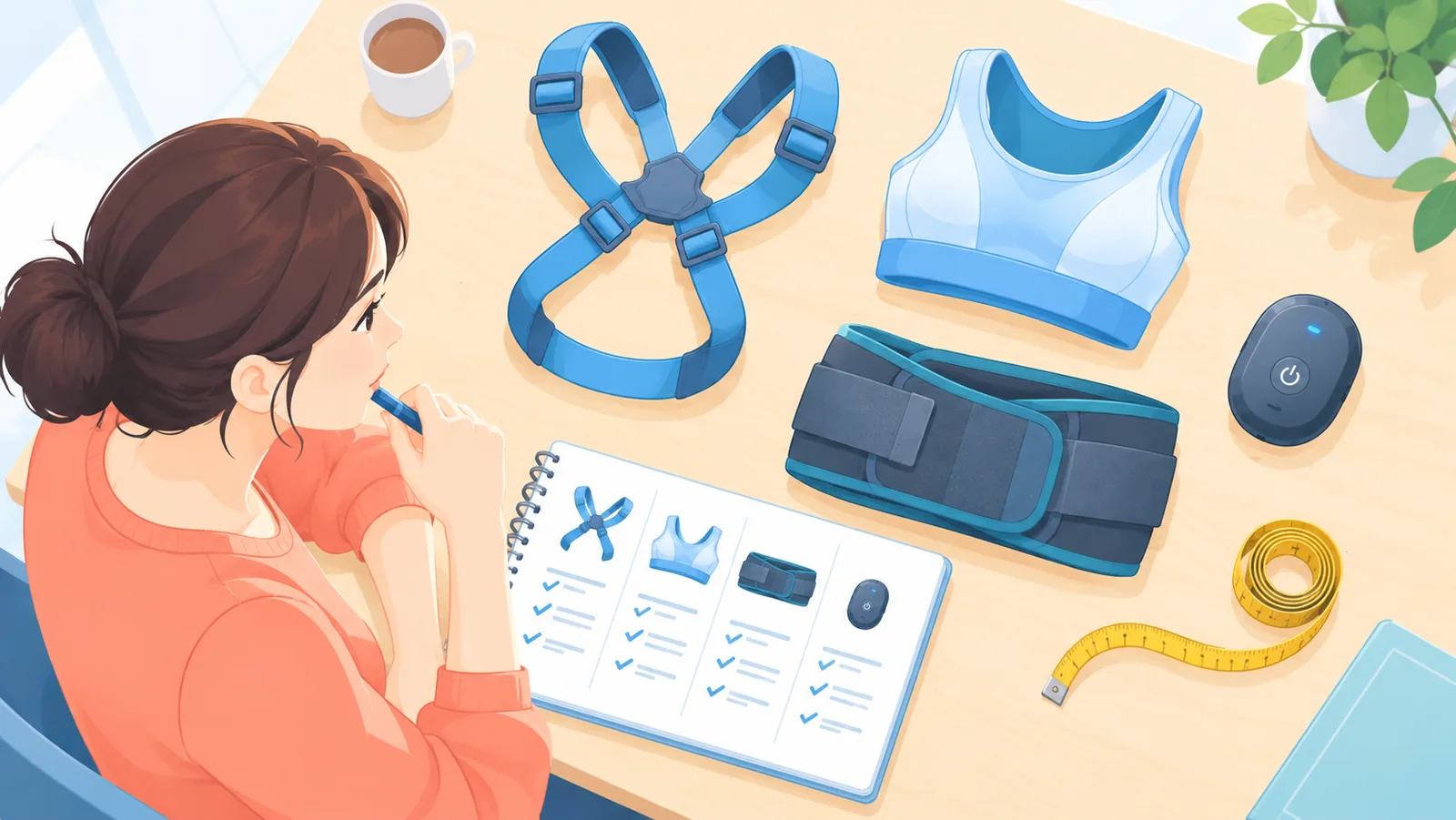 Femme comparant plusieurs correcteurs de posture avec un carnet et un mètre ruban