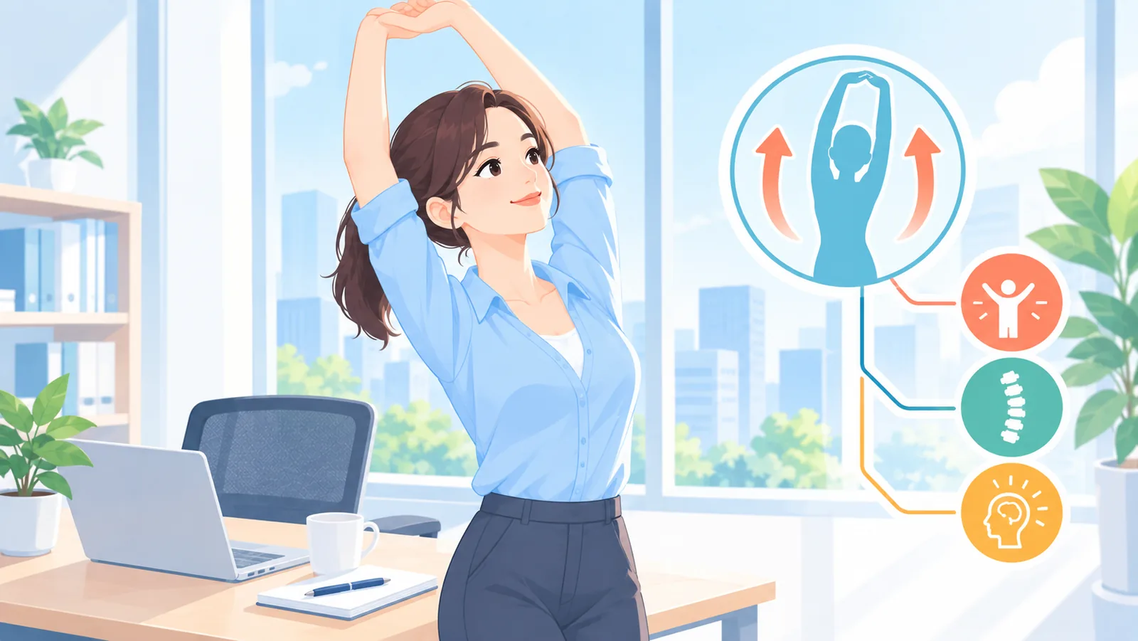 Femme s'étirant près de son bureau pendant une pause