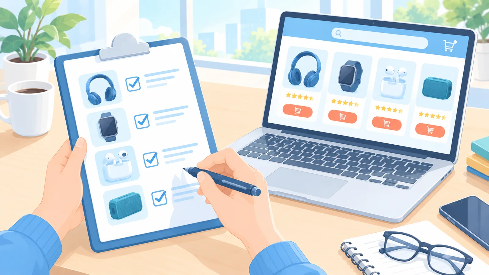 Checklist d'achat posée à côté d'un ordinateur affichant une boutique en ligne