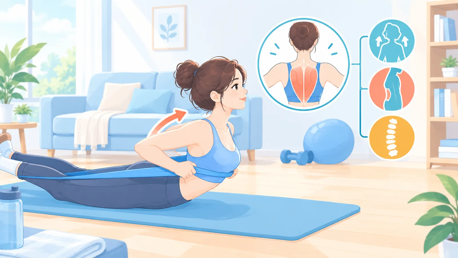 Femme réalisant un exercice de renforcement du dos avec une bande élastique