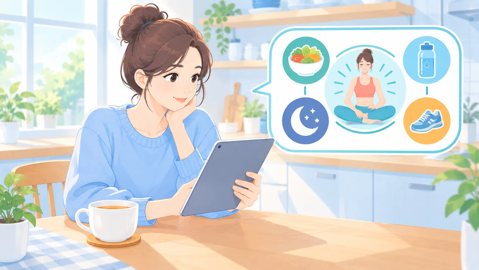 Femme lisant des réponses à ses questions sur une tablette dans sa cuisine