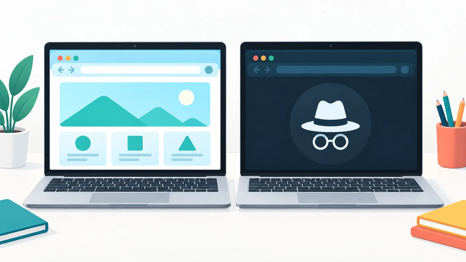 Deux ordinateurs comparant fenêtre normale et navigation privée