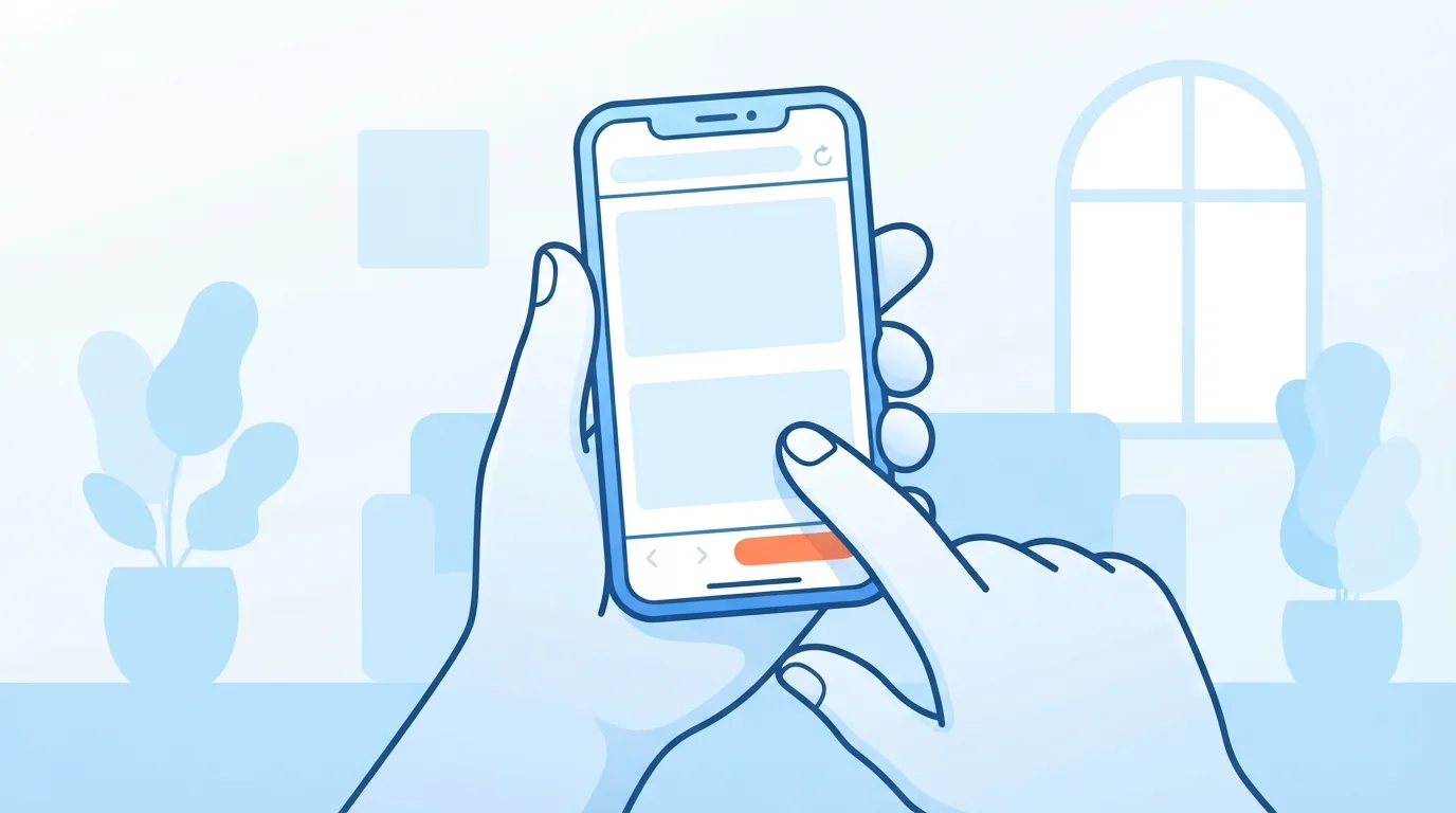 Main tenant un iPhone, le pouce près de la barre d’outils de Safari