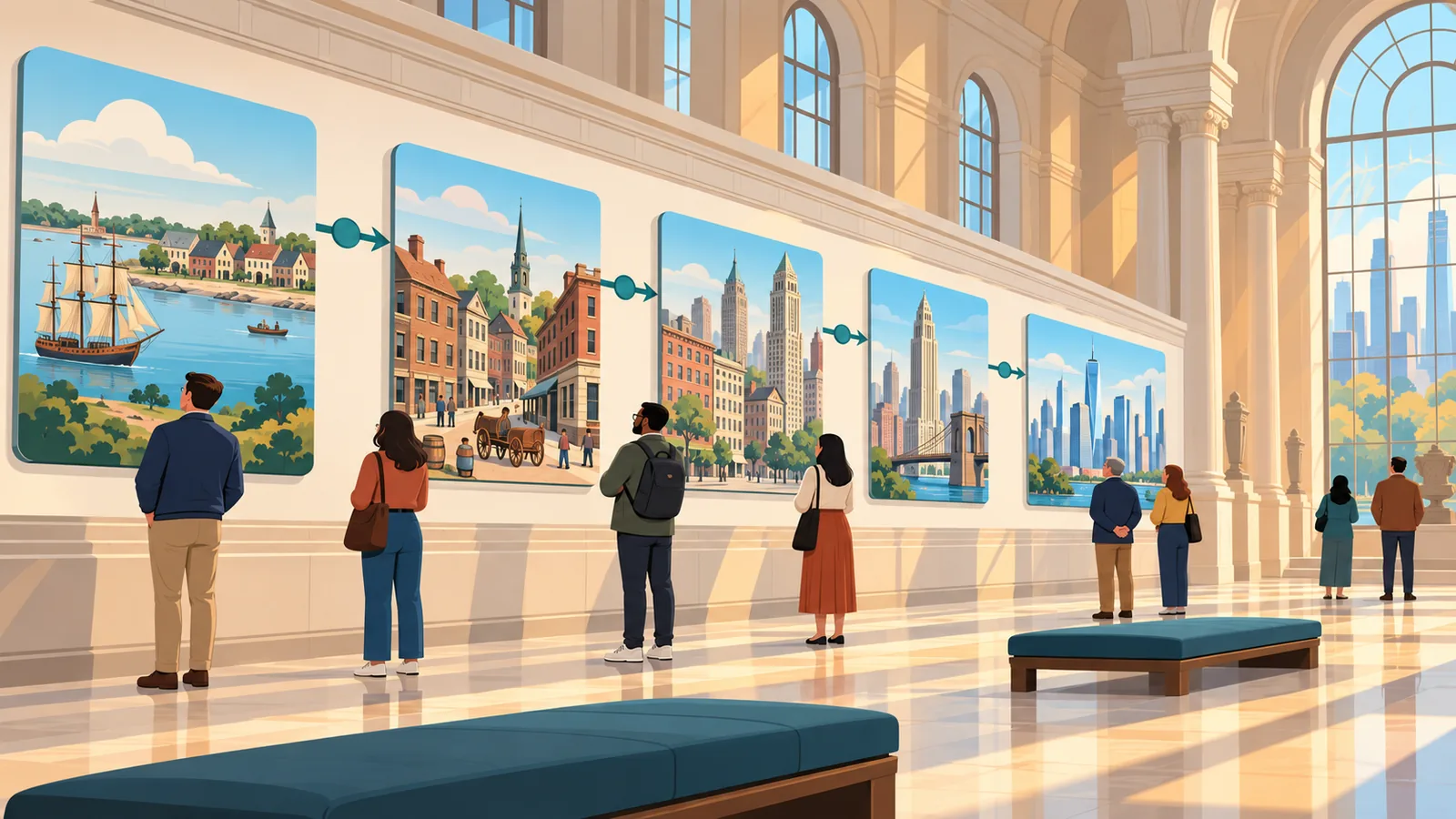 Visiteurs dans une grande salle de musée à New York