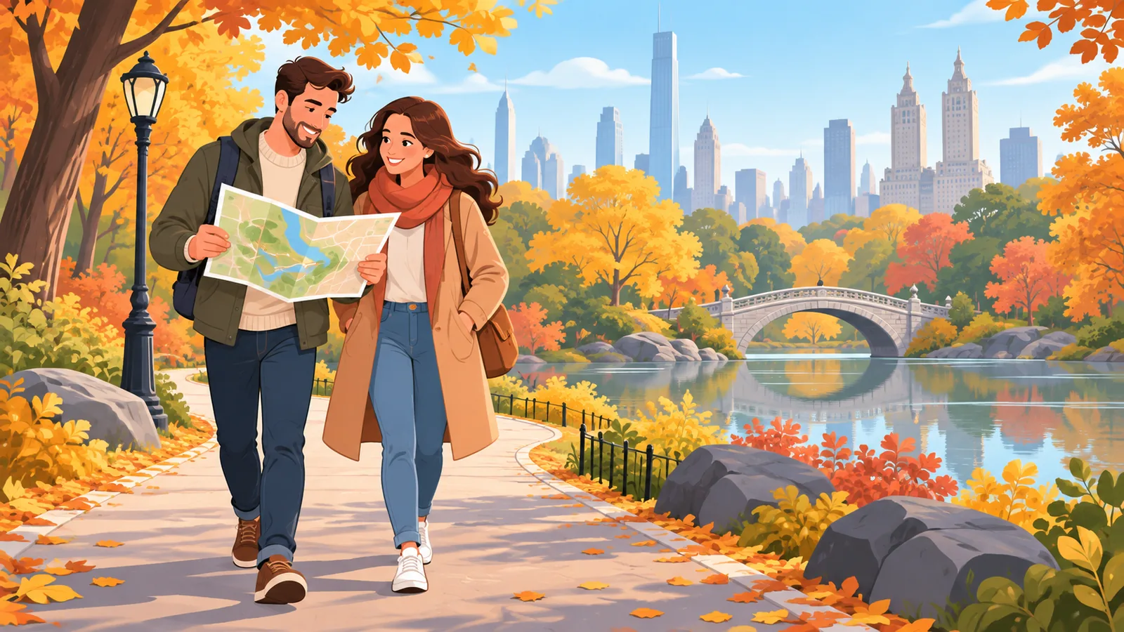 Couple de voyageurs marchant dans Central Park
