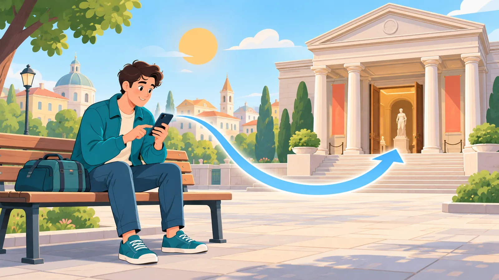 Voyageur qui consulte son téléphone avant la visite