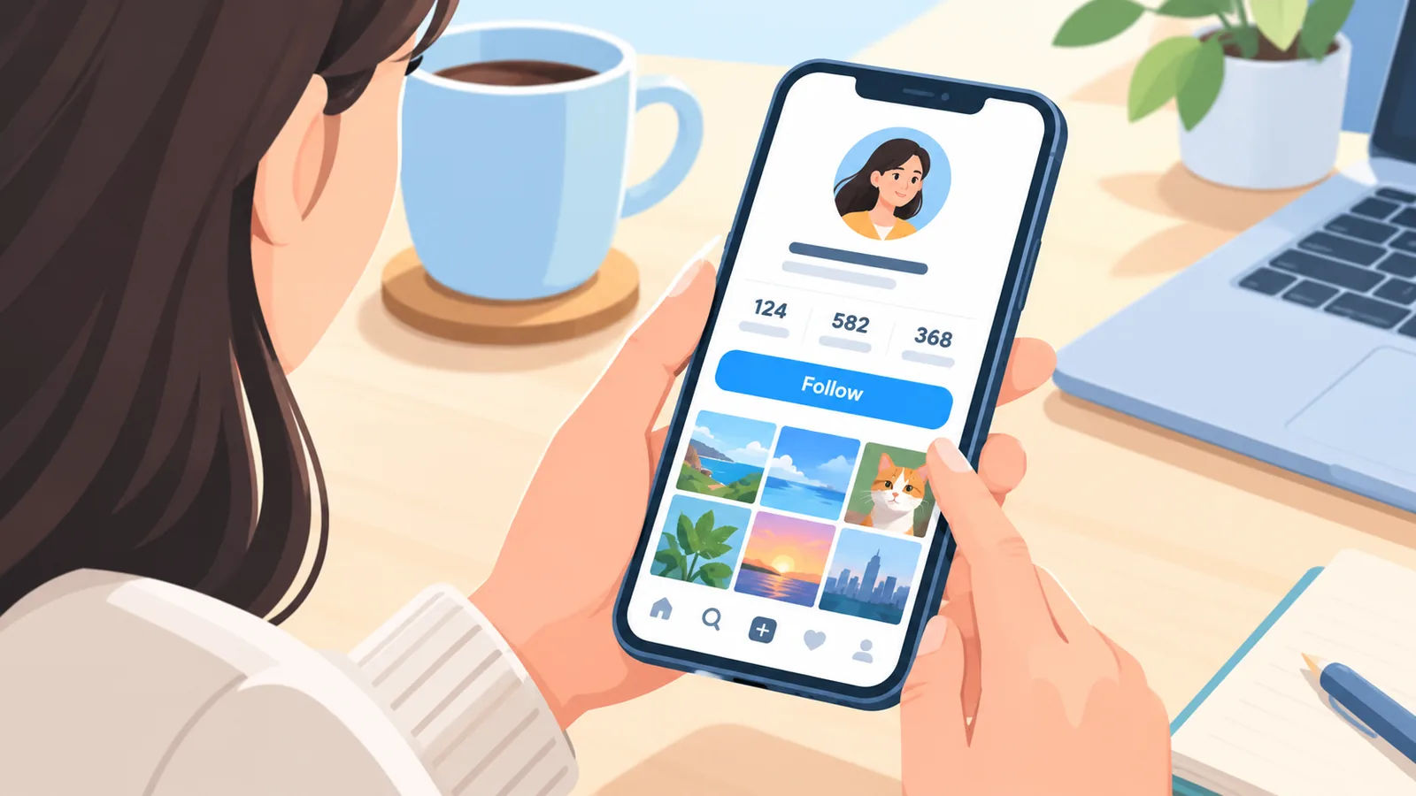 Personne tenant un smartphone affichant un profil de réseau social