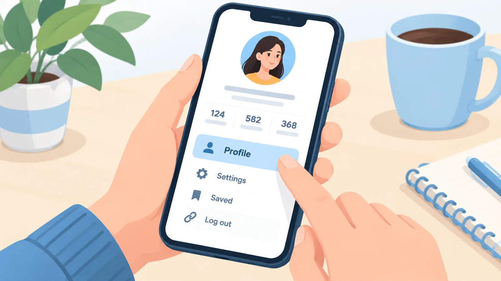 Mains appuyant sur un menu de profil sur un écran de téléphone