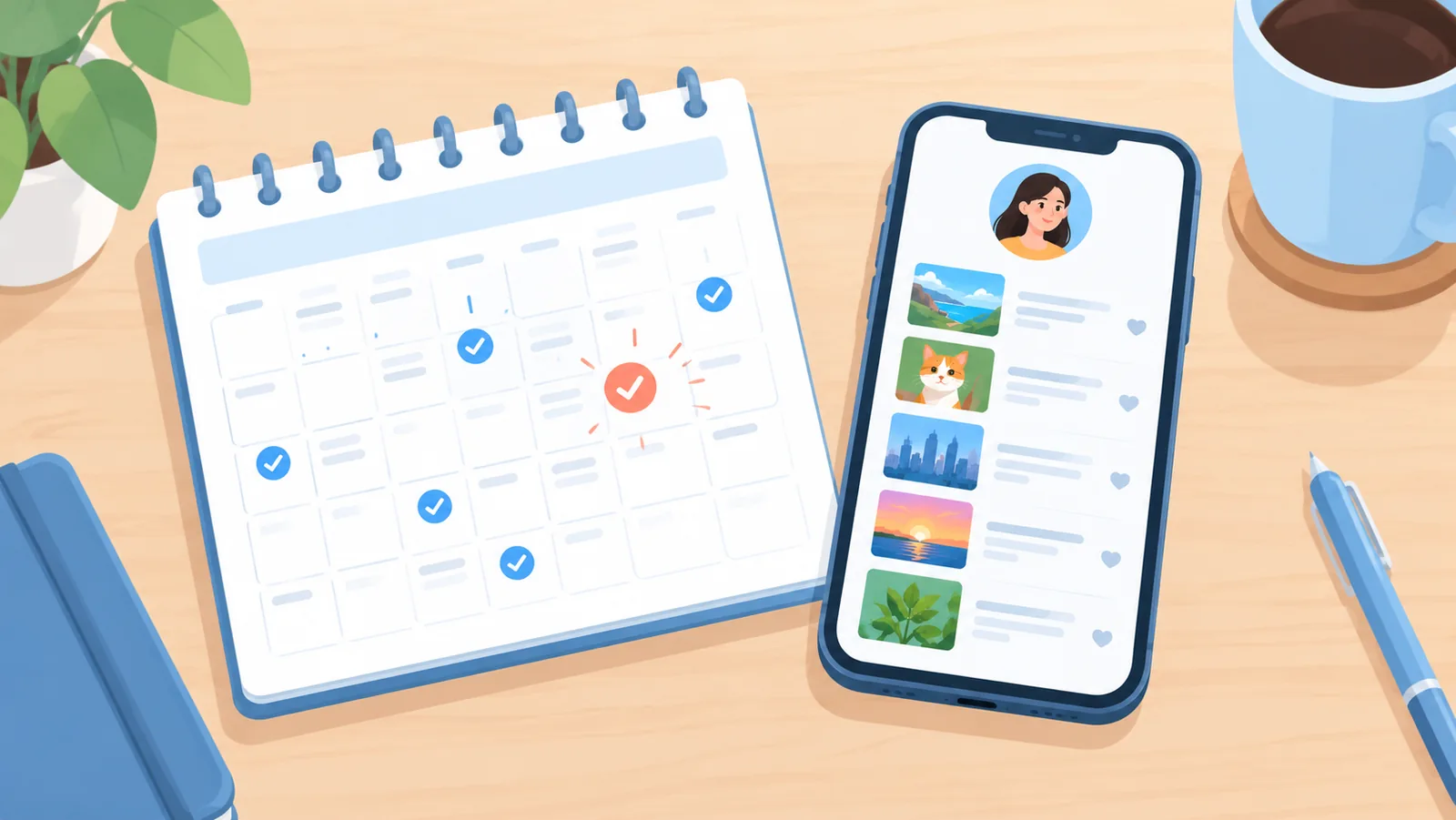 Calendrier et téléphone posés côte à côte sur une table en bois