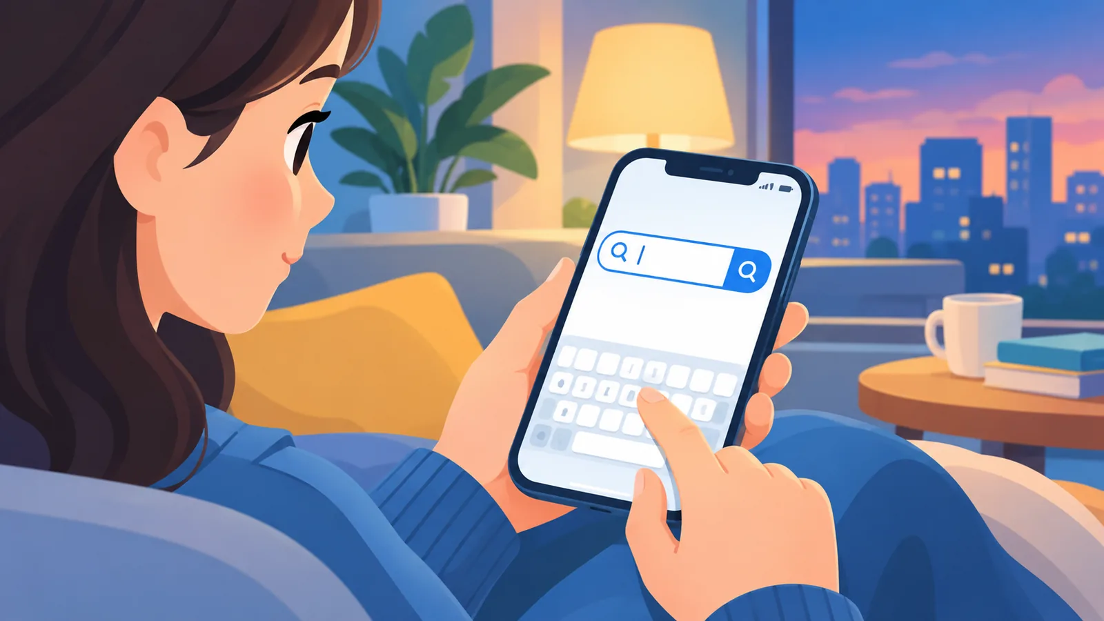Personne saisissant une recherche dans la barre de recherche d’un téléphone