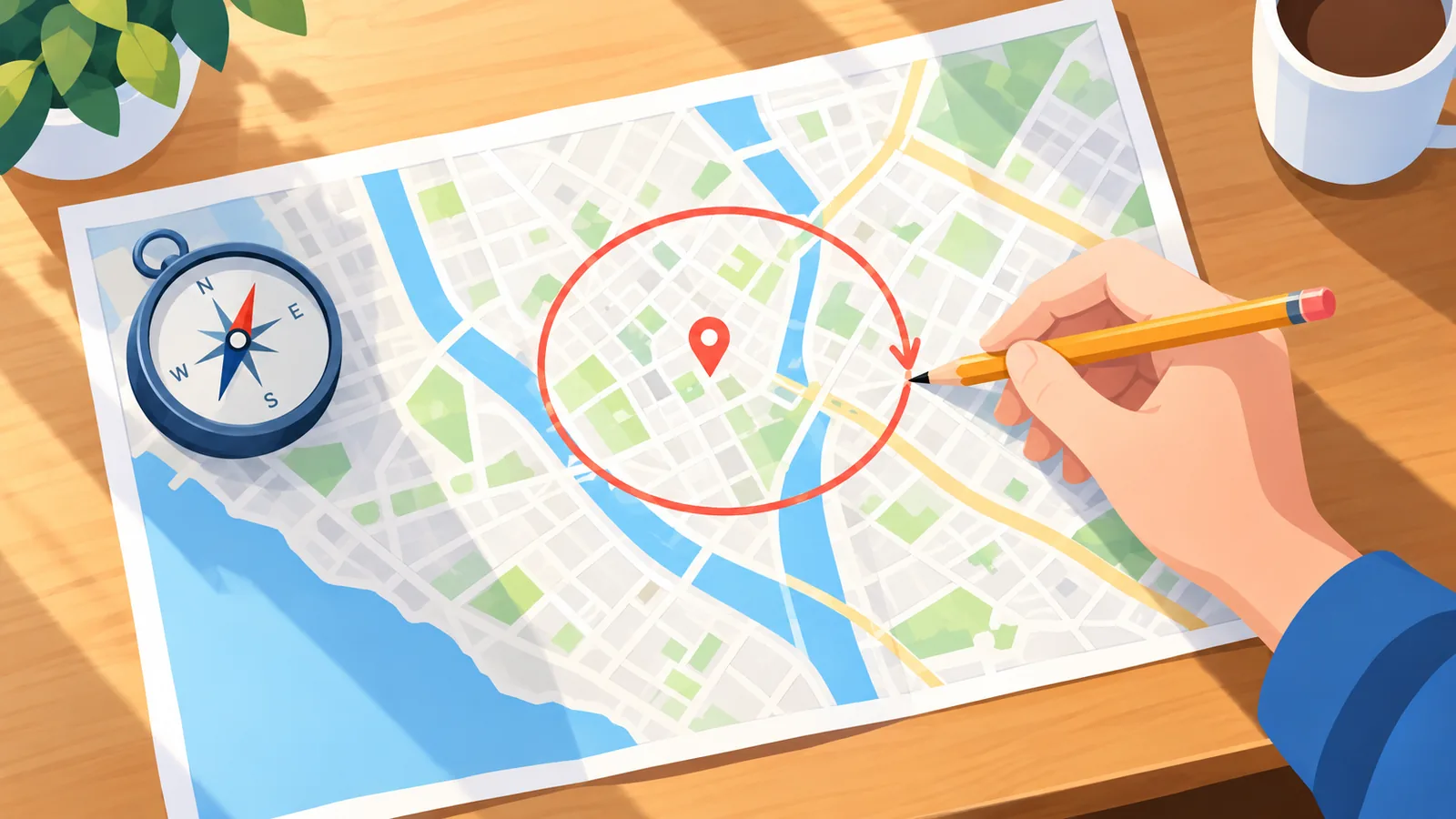 Plan de ville avec un cercle tracé autour d’un quartier pour visualiser un rayon d’environ 8 km