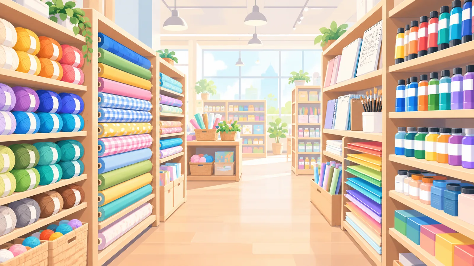 Rayon d’un magasin de loisirs créatifs avec laines, tissus et peintures