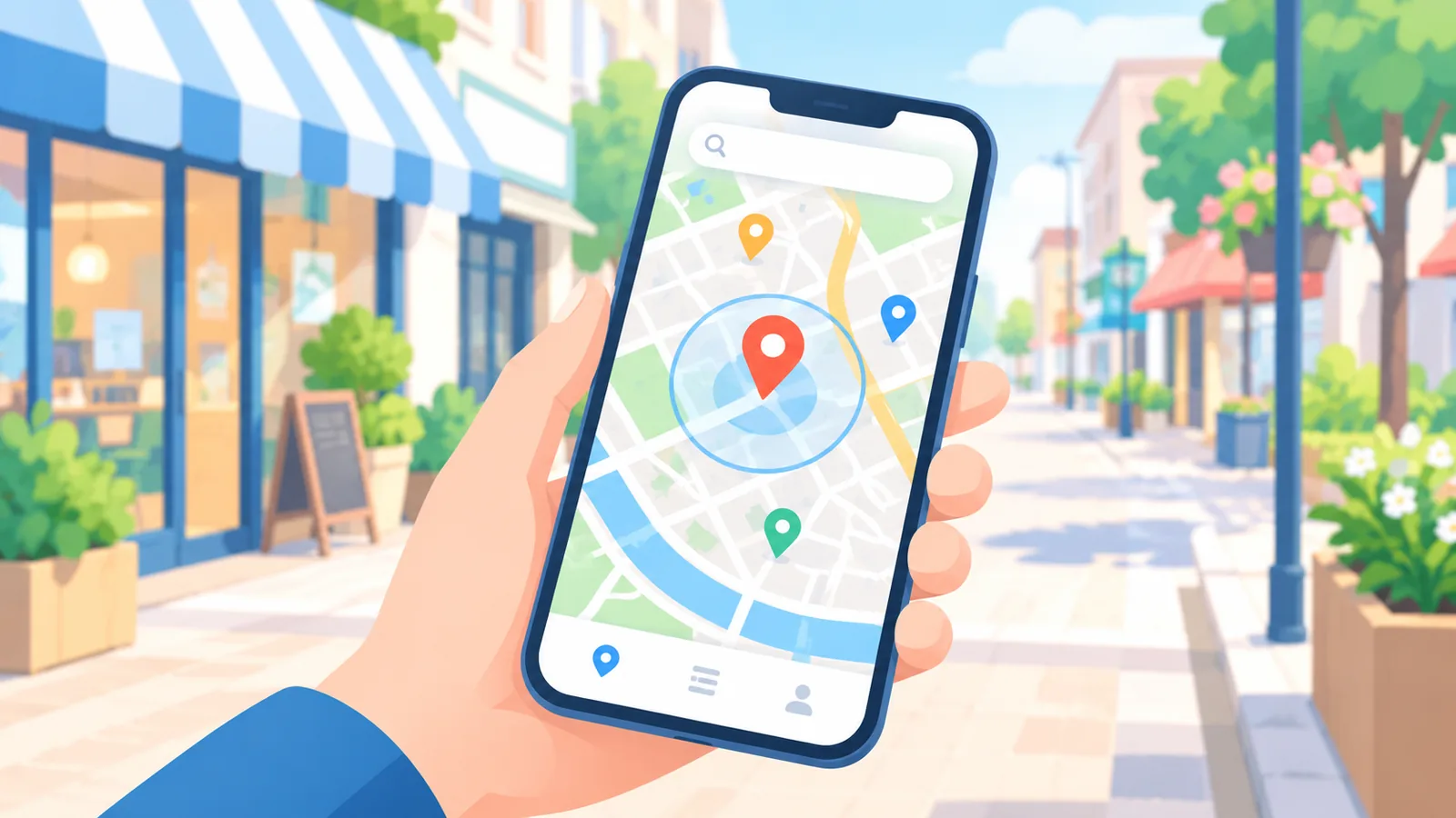 Main tenant un smartphone qui affiche une carte avec des repères de boutiques