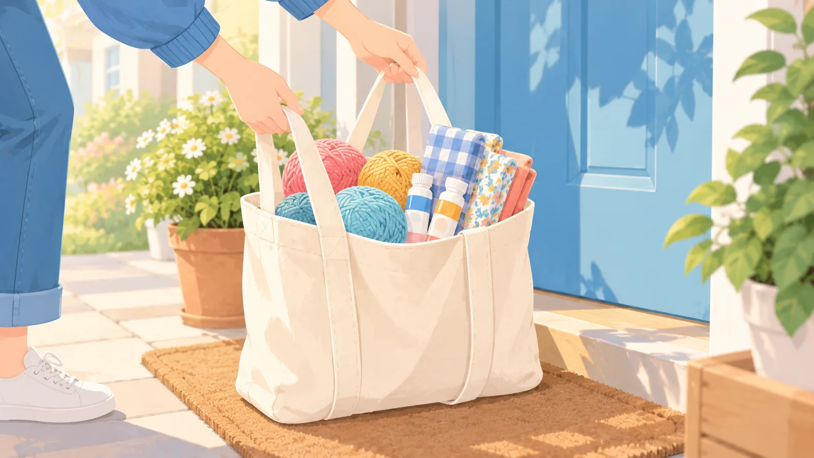 Sac rempli de laine, de peinture et de tissu posé sur un seuil, prêt pour un nouveau projet