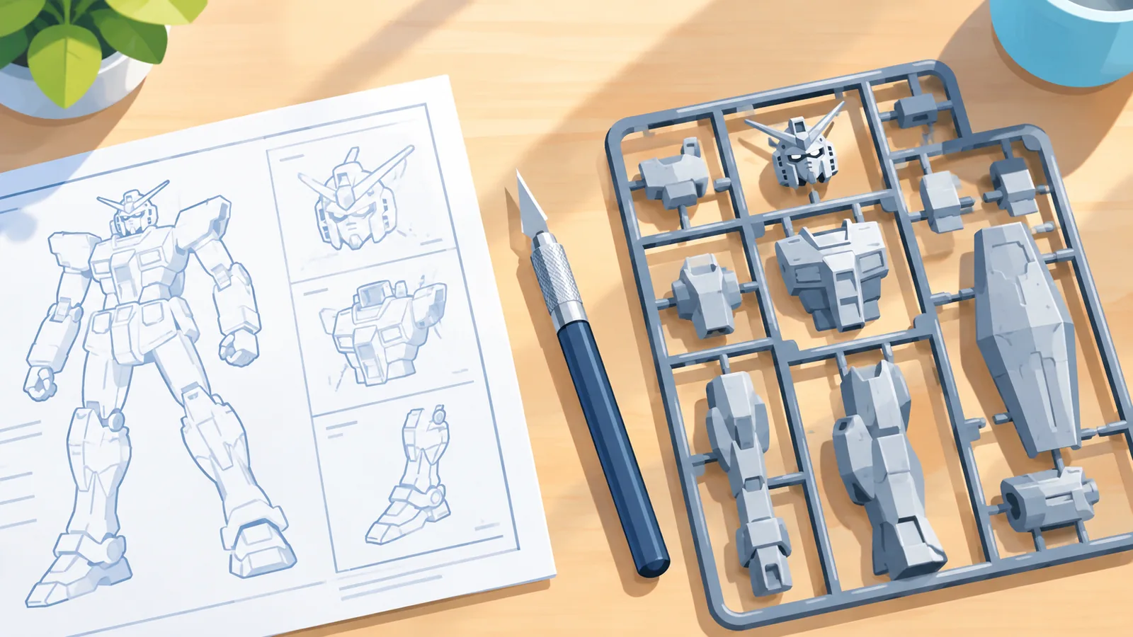 Plan de travail avec une feuille de papier, une grappe de plastique de maquette et un cutter de précision