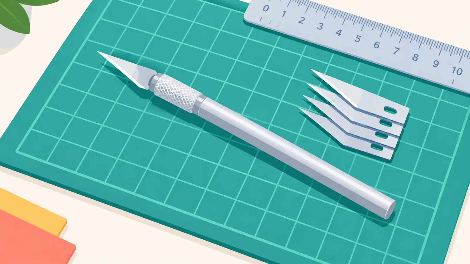 Cutter de type stylo posé sur un tapis de coupe vert avec une règle et des lames de rechange