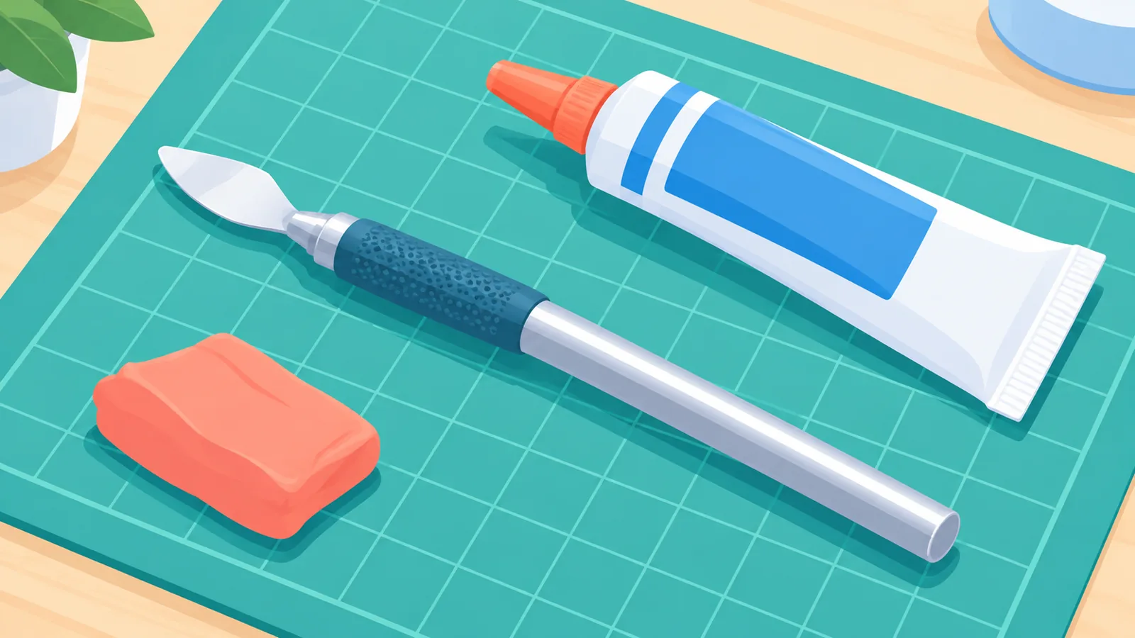 Cutter avec bout spatule à côté d’un tube de colle et d’un morceau d’argile