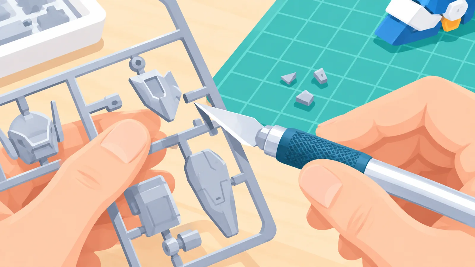 Ébarbage d’une pièce en plastique de maquette avec un cutter de précision