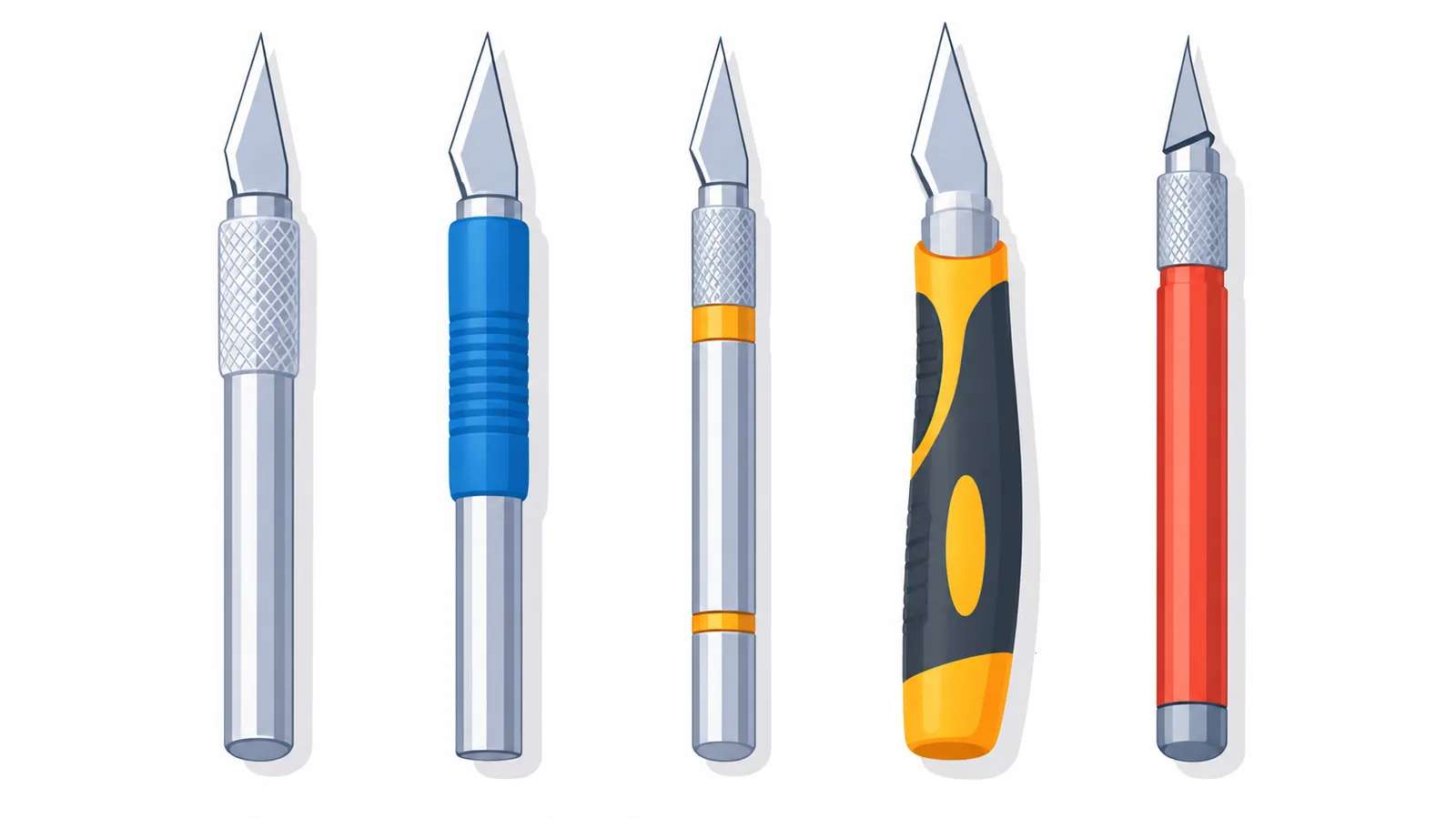 Cinq cutters de précision alignés pour comparaison