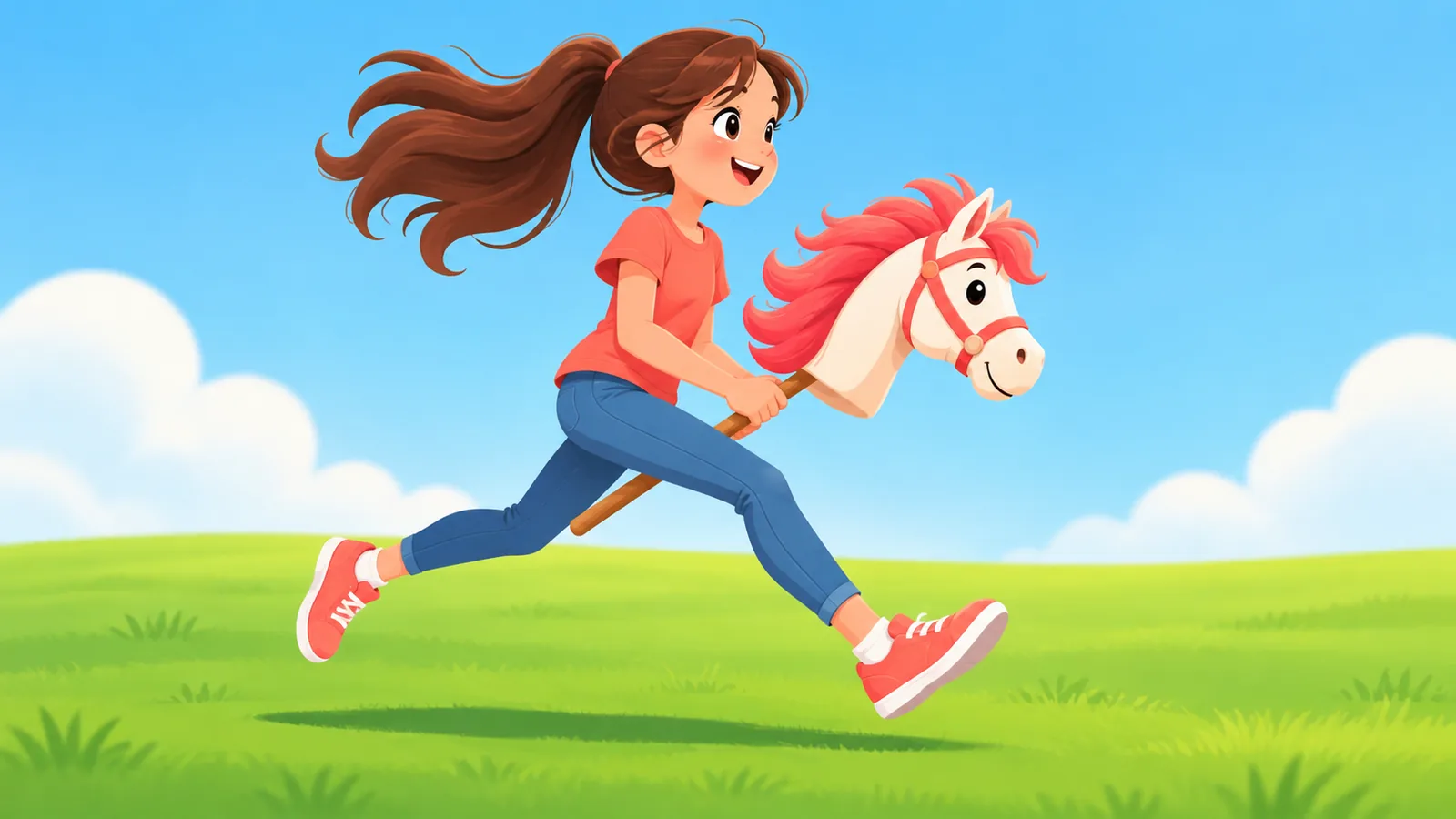 Un cavalier court sur une pelouse avec son cheval-bâton