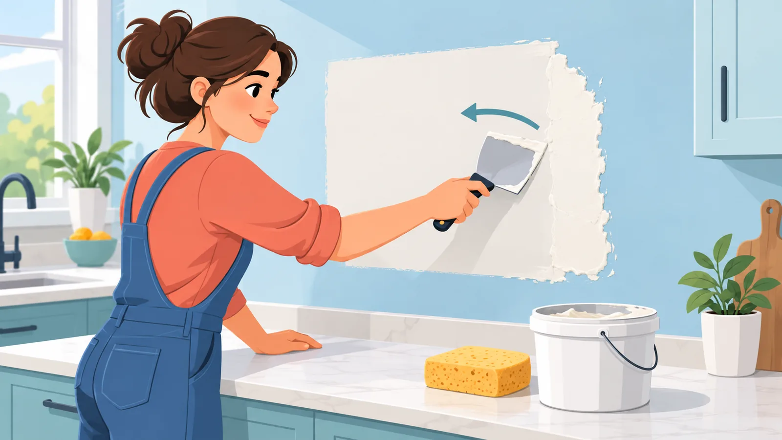 Mur de cuisine réparé et lissé avant la pose du carrelage