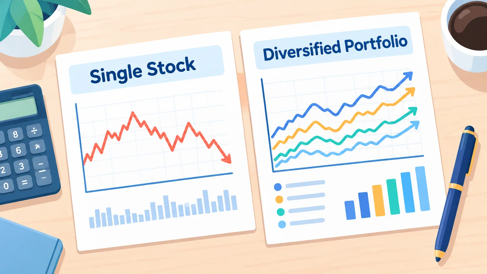 Comparaison entre un ETF et des actions individuelles posée sur un bureau