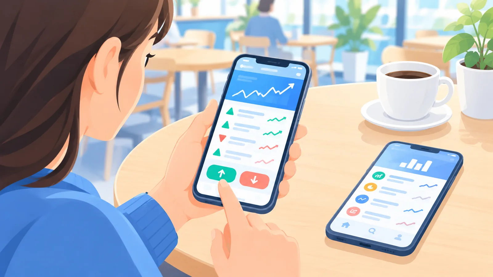 Personne comparant des applications de courtage sur un smartphone