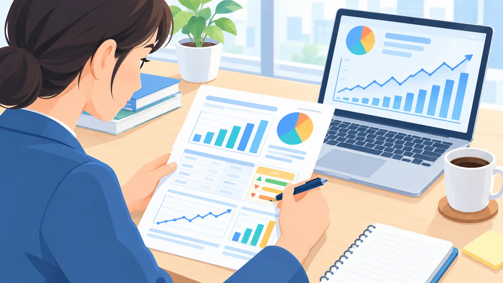 Analyste qui lit le rapport financier d’une entreprise