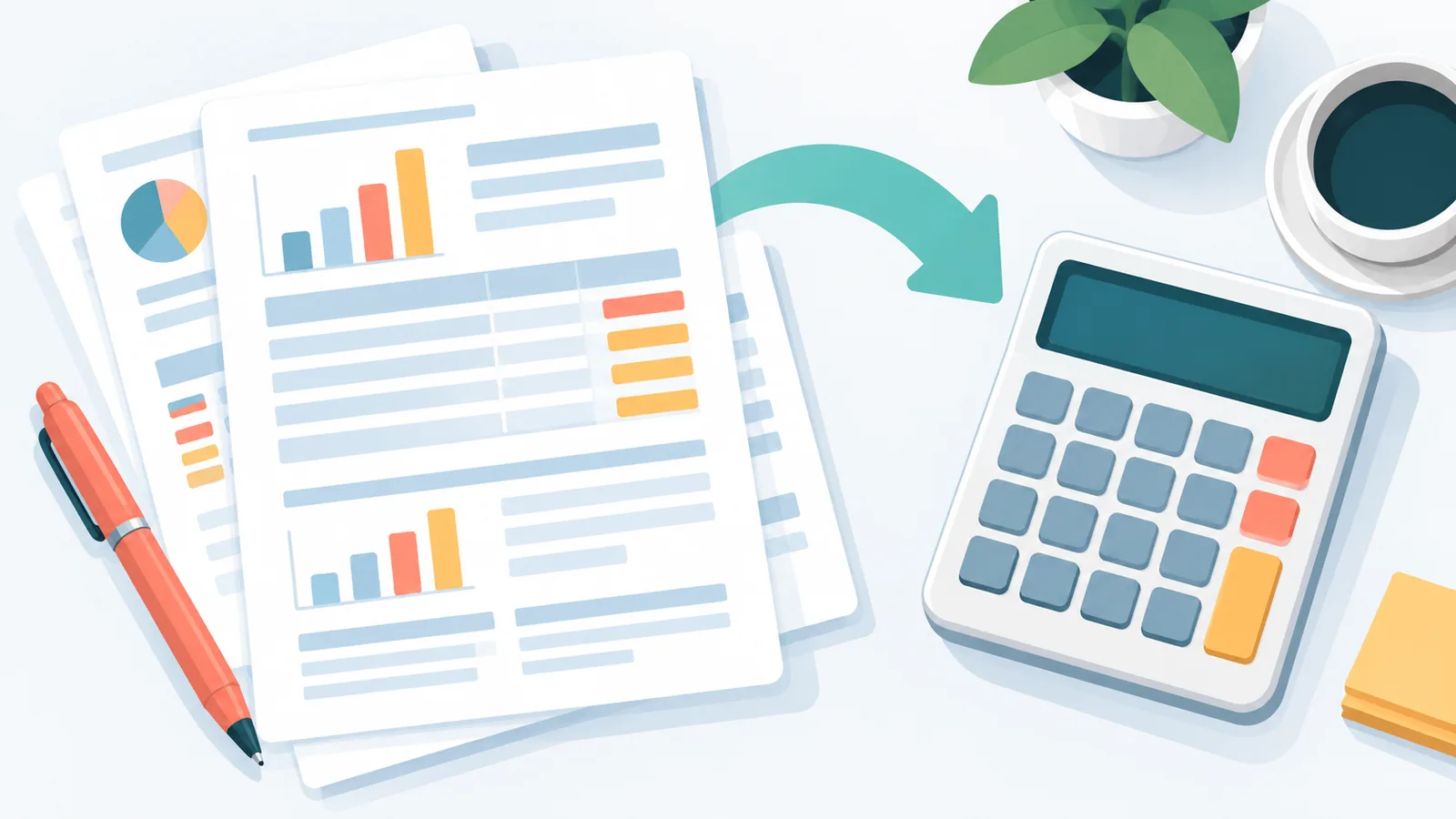 Calculatrice, stylo et relevés de compte pour comparer les frais d’un fonds