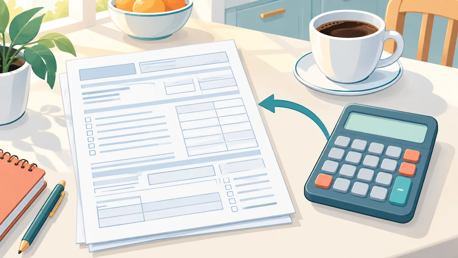 Déclaration de revenus et calculatrice sur une table de cuisine