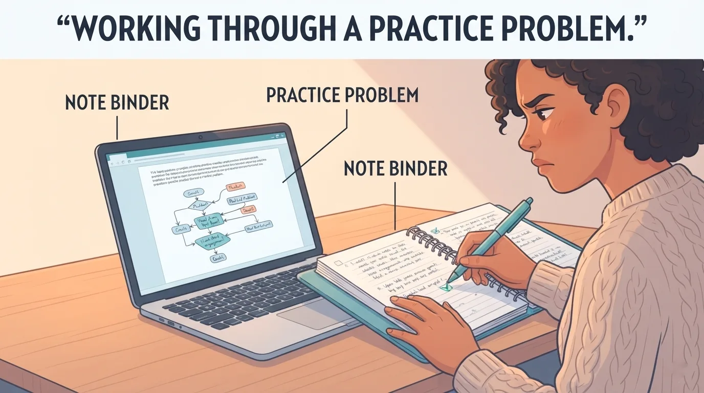 Étudiant résolvant un exercice pratique avec son classeur de notes