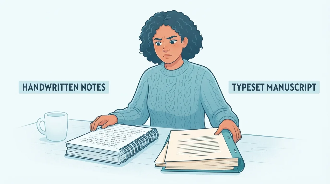 Étudiant comparant ses notes manuscrites à un résumé imprimé