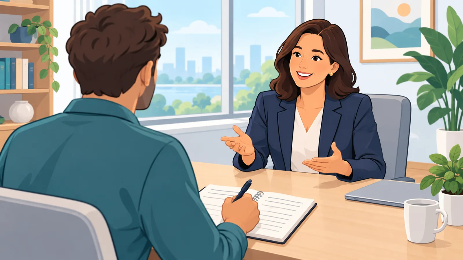 Client prenant des notes lors d’un premier rendez-vous avec un avocat