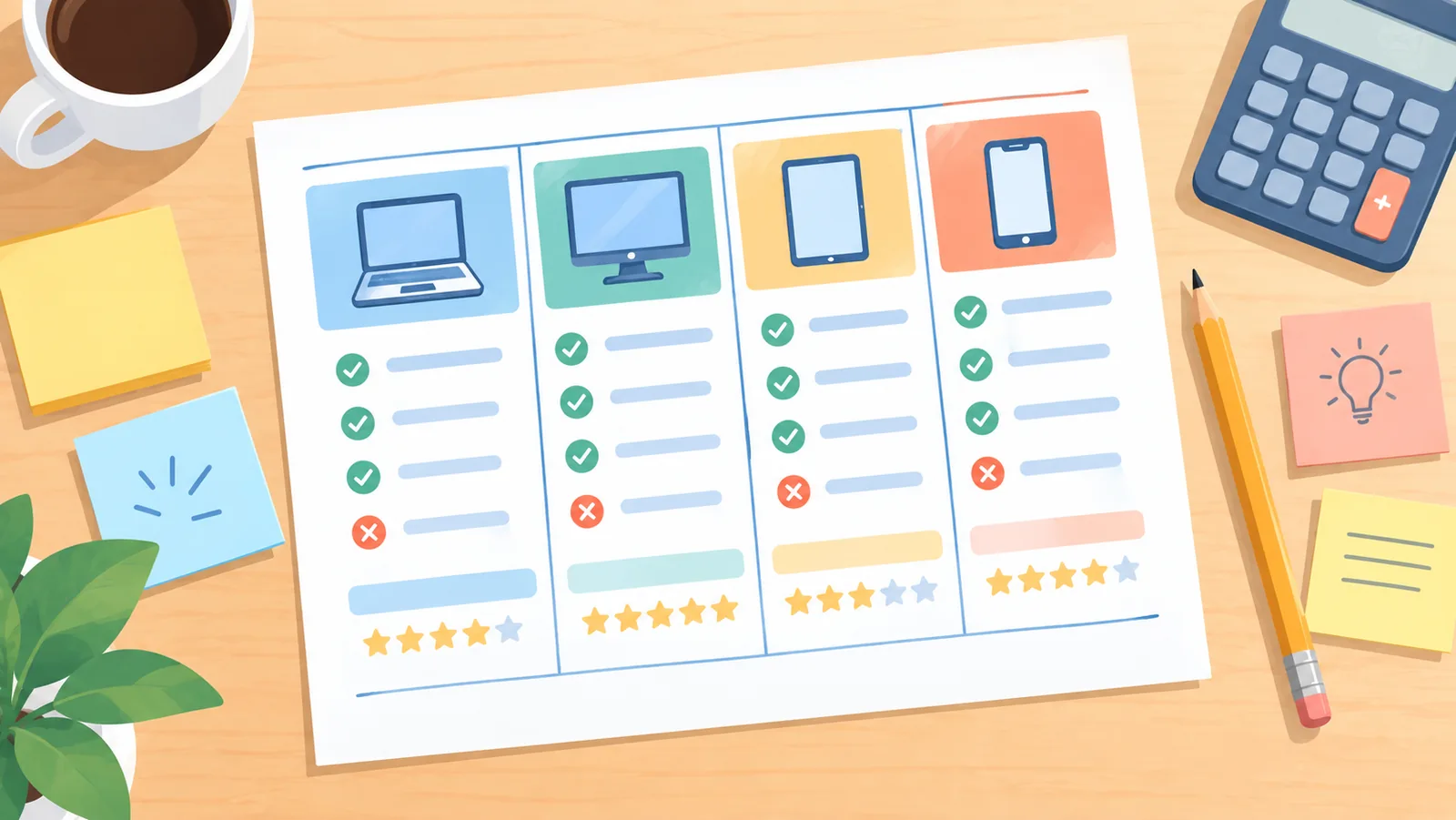 Grille de comparaison des sources de recherche sur un bureau