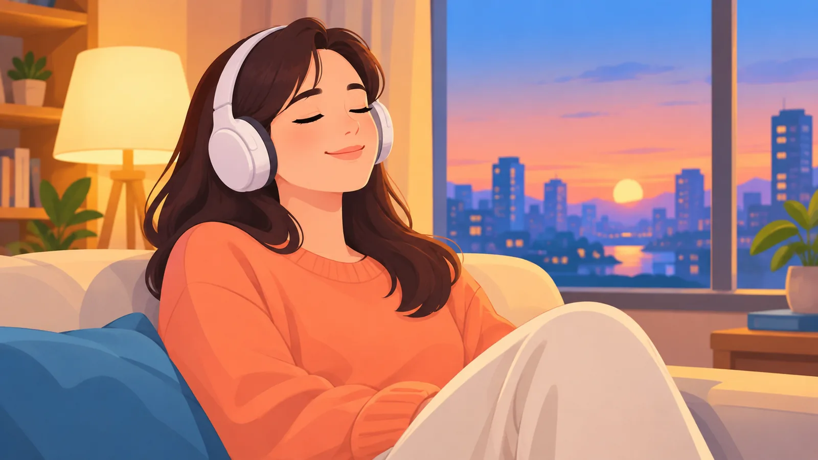 Femme écoutant une chanson avec un casque près d’une fenêtre au crépuscule