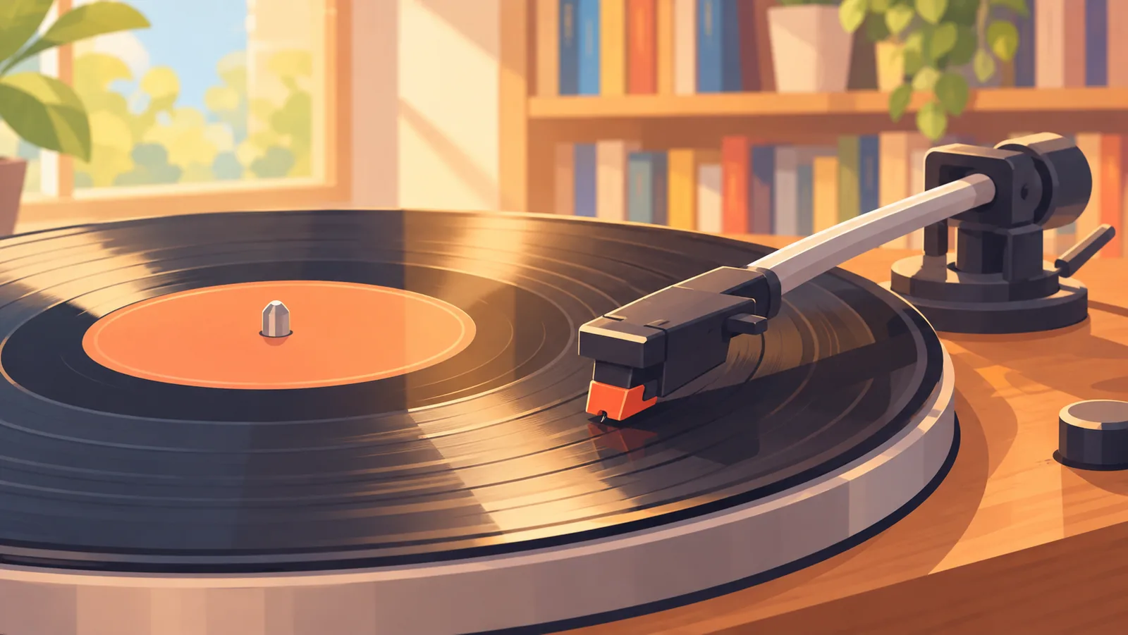 Platine vinyle en train de jouer un disque dans une lumière chaude