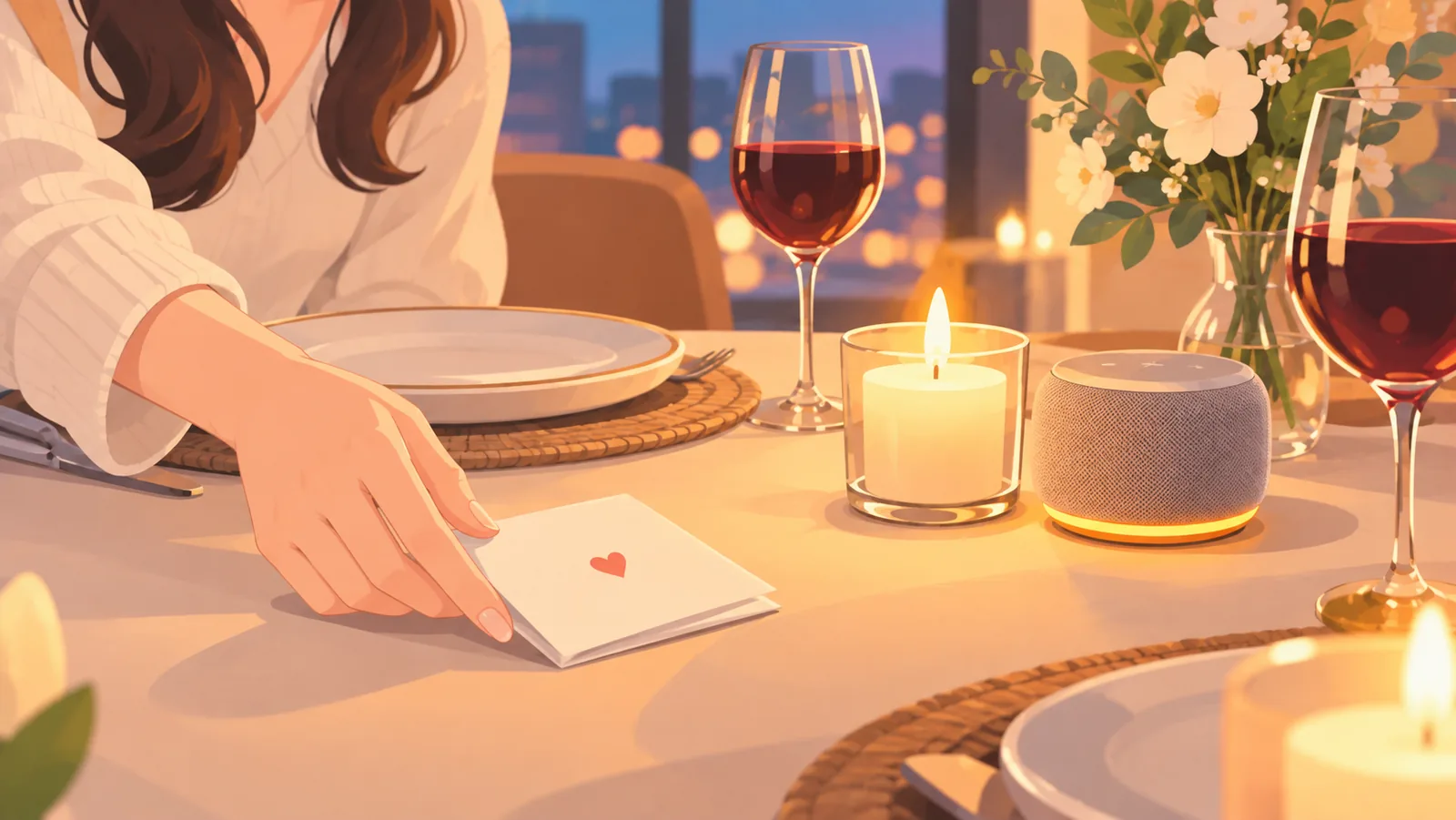 Table de dîner aux chandelles avec une enceinte et un mot plié