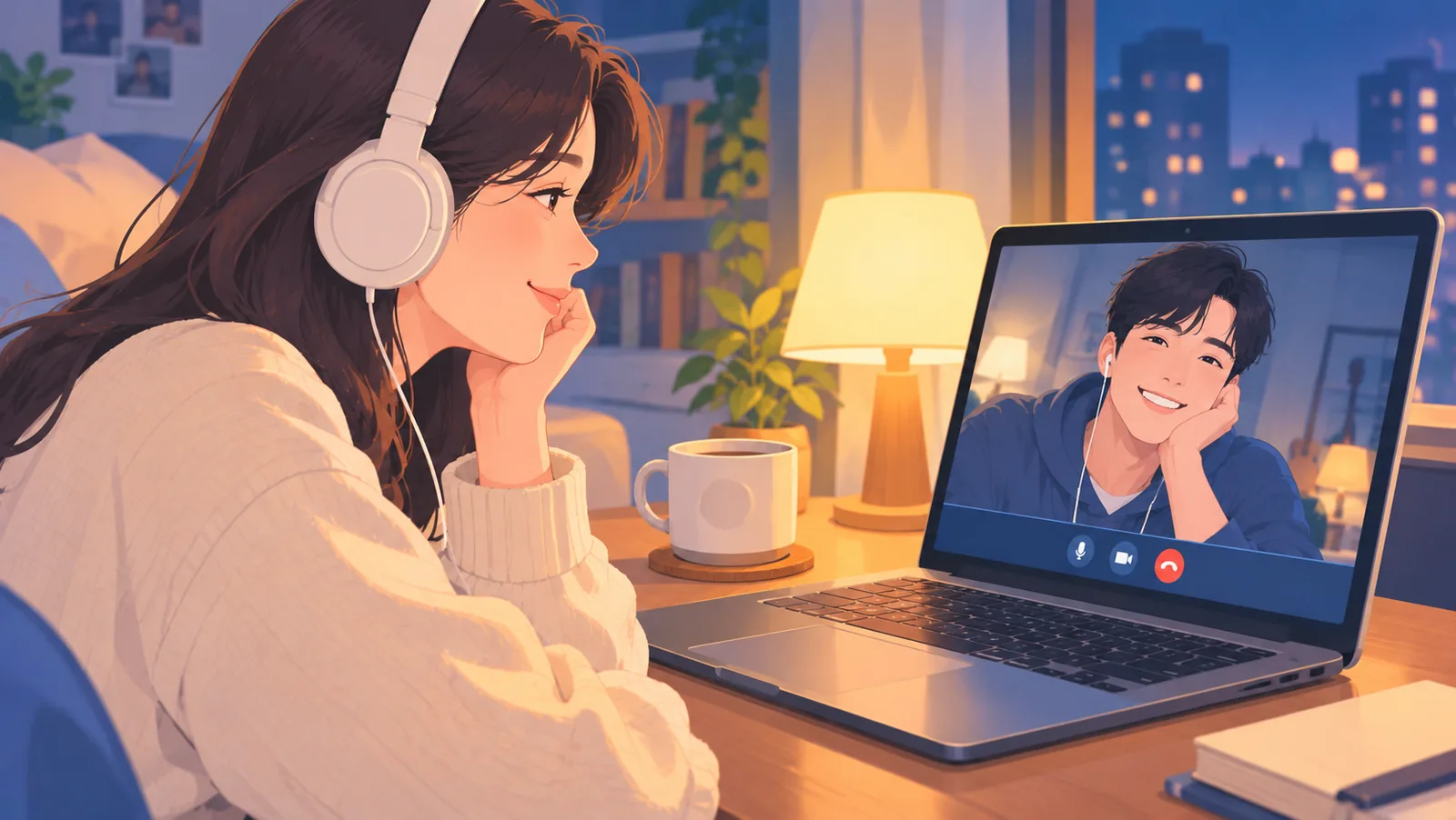 Femme en appel vidéo avec son compagnon, casque sur les oreilles, le soir