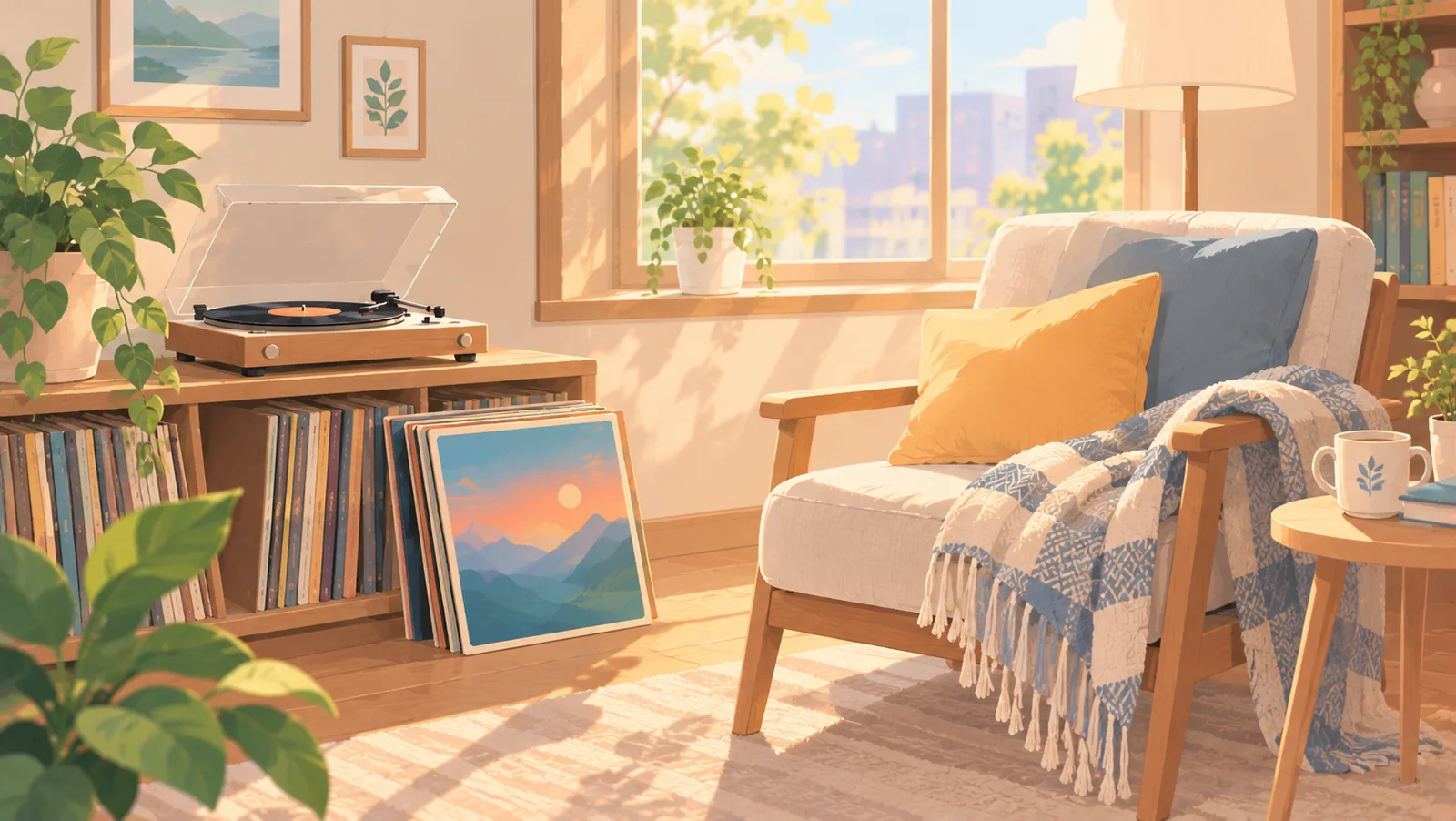 Coin salon cosy avec un tourne-disque et une pile de vinyles