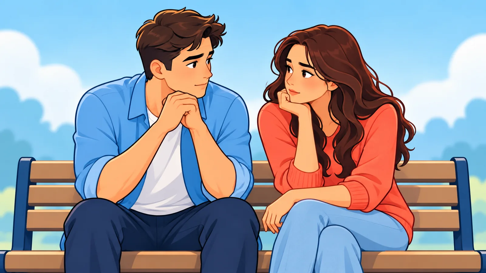 Un couple assis sur un banc se regarde avec attention