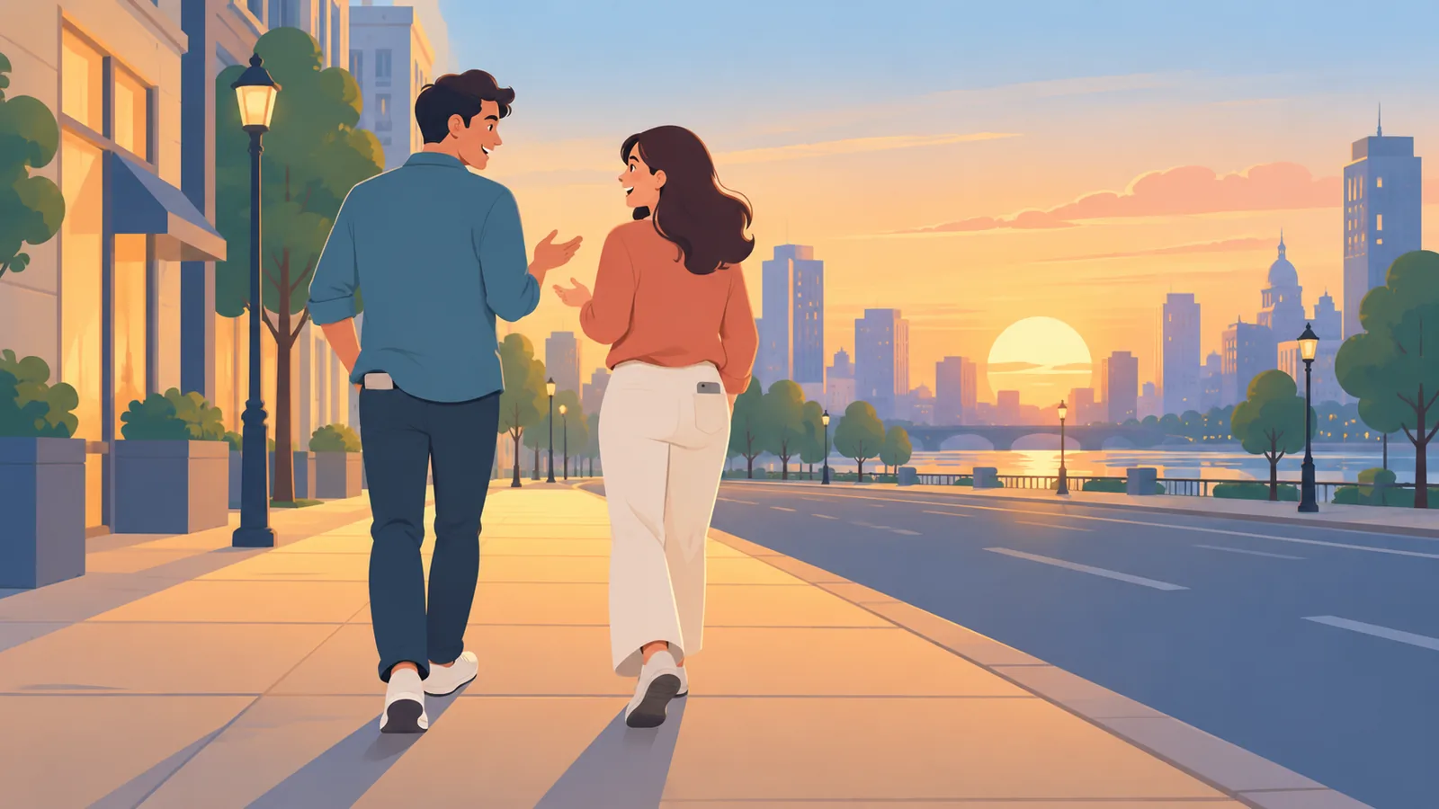Un couple discute en marchant au crépuscule