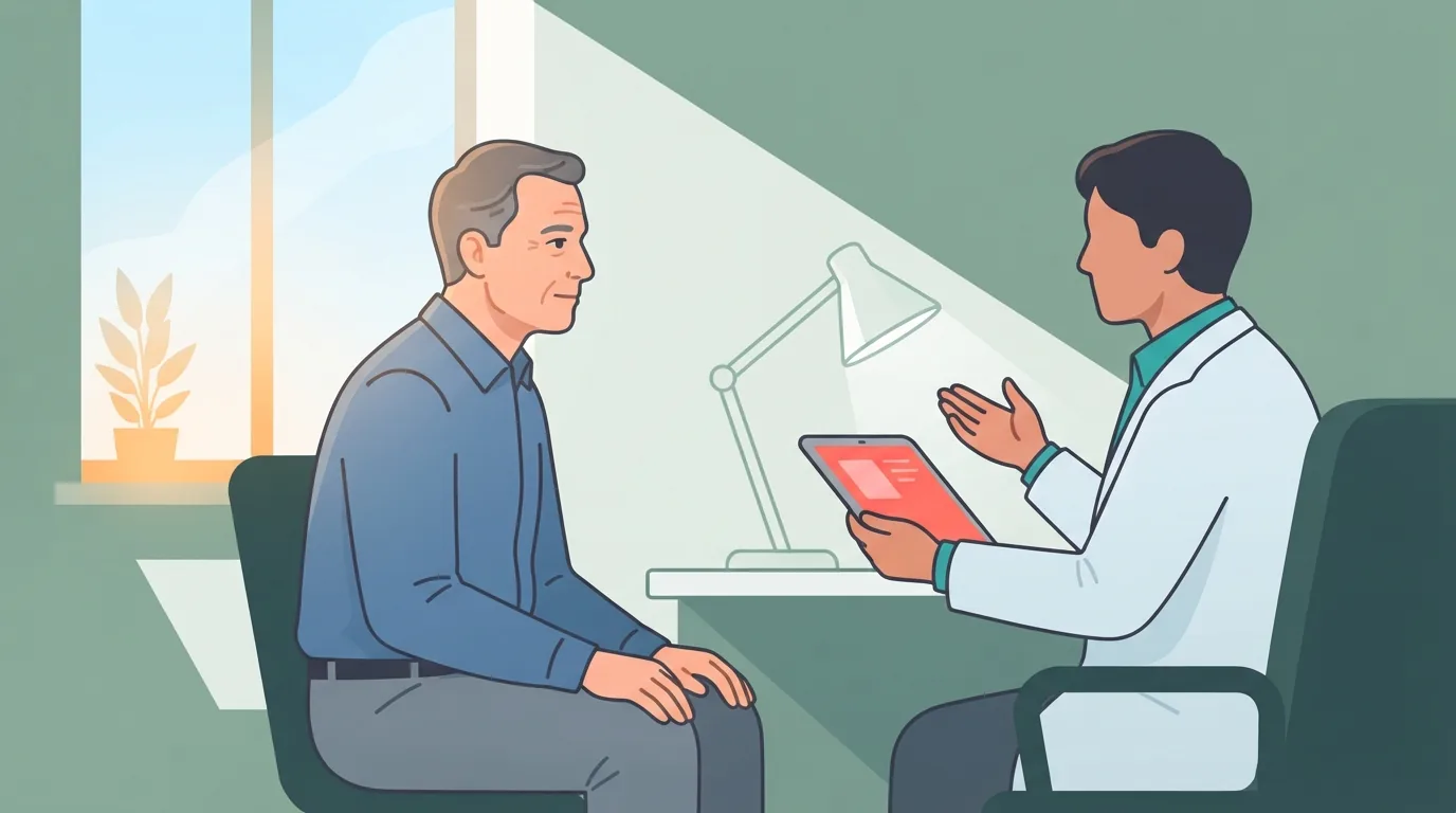 Patient à l'écoute d'un urologue lors d'une consultation