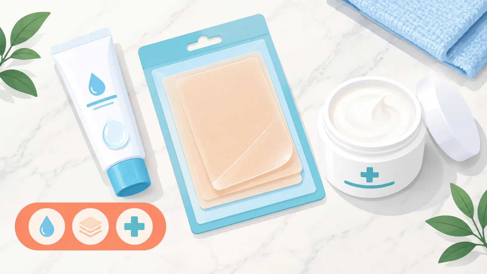 Gel de silicone, plaques de silicone et crème réparatrice posés sur une surface claire